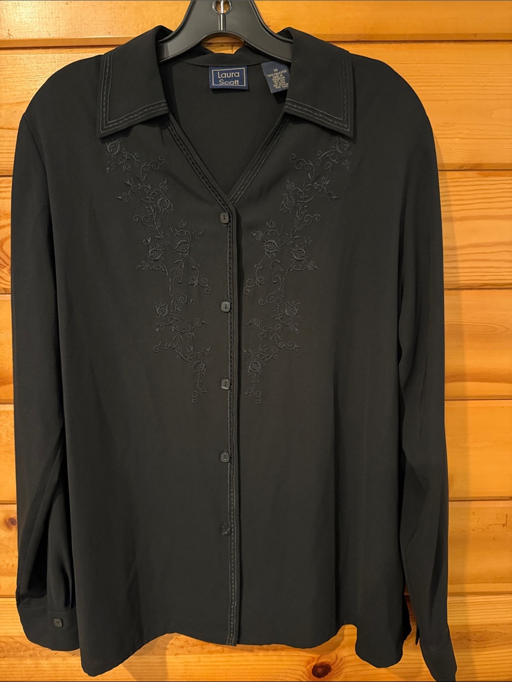 Laura Scott Black Long Sleeve Embroidered Button-Front Shirt